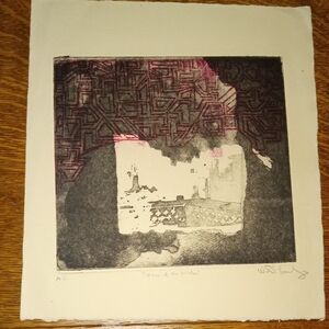 Vintage Etching Labeled View Of The Kitchen Black and Pink Art Print